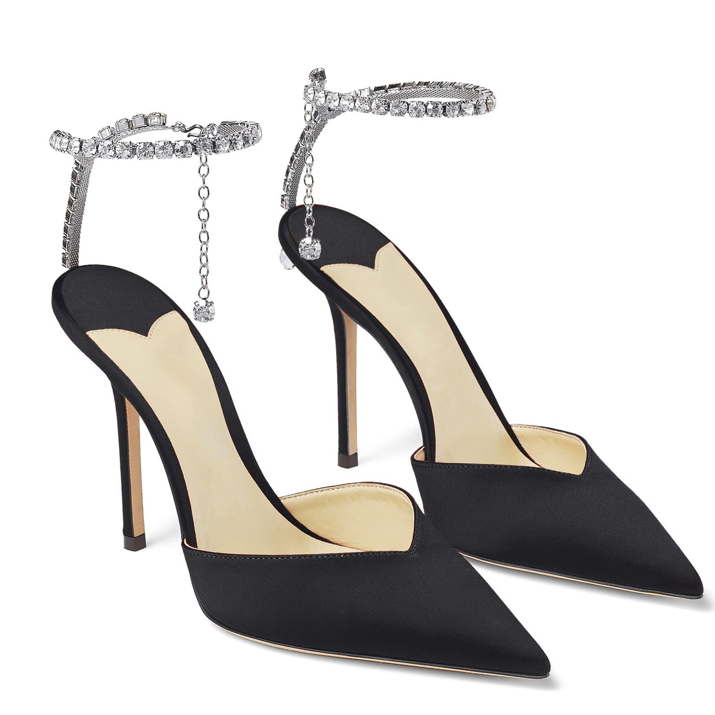 Women's Heeled Sandals Crystal Chain Ankle Straps Rhinestones Buckle High Heels Stiletto Slip On Wedding Party Satin Dress Shoes