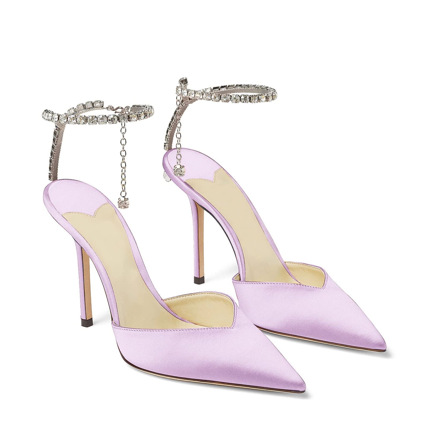 Women's Heeled Sandals Crystal Chain Ankle Straps Rhinestones Buckle High Heels Stiletto Slip On Wedding Party Satin Dress Shoes
