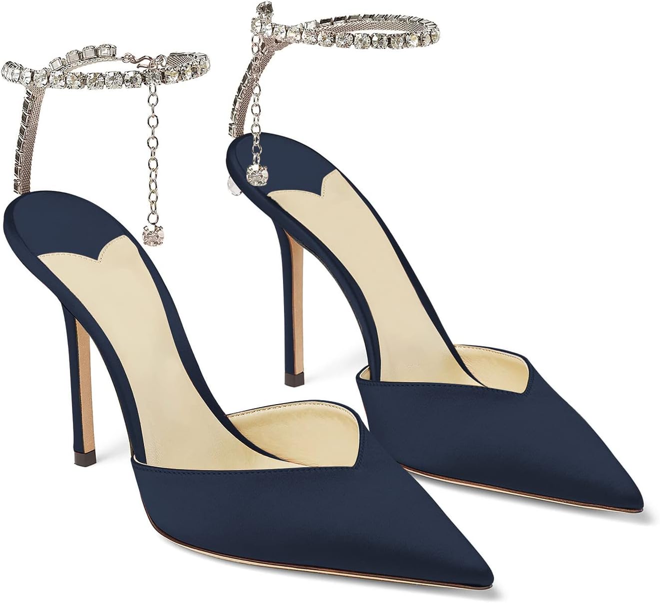 Women's Heeled Sandals Crystal Chain Ankle Straps Rhinestones Buckle High Heels Stiletto Slip On Wedding Party Satin Dress Shoes