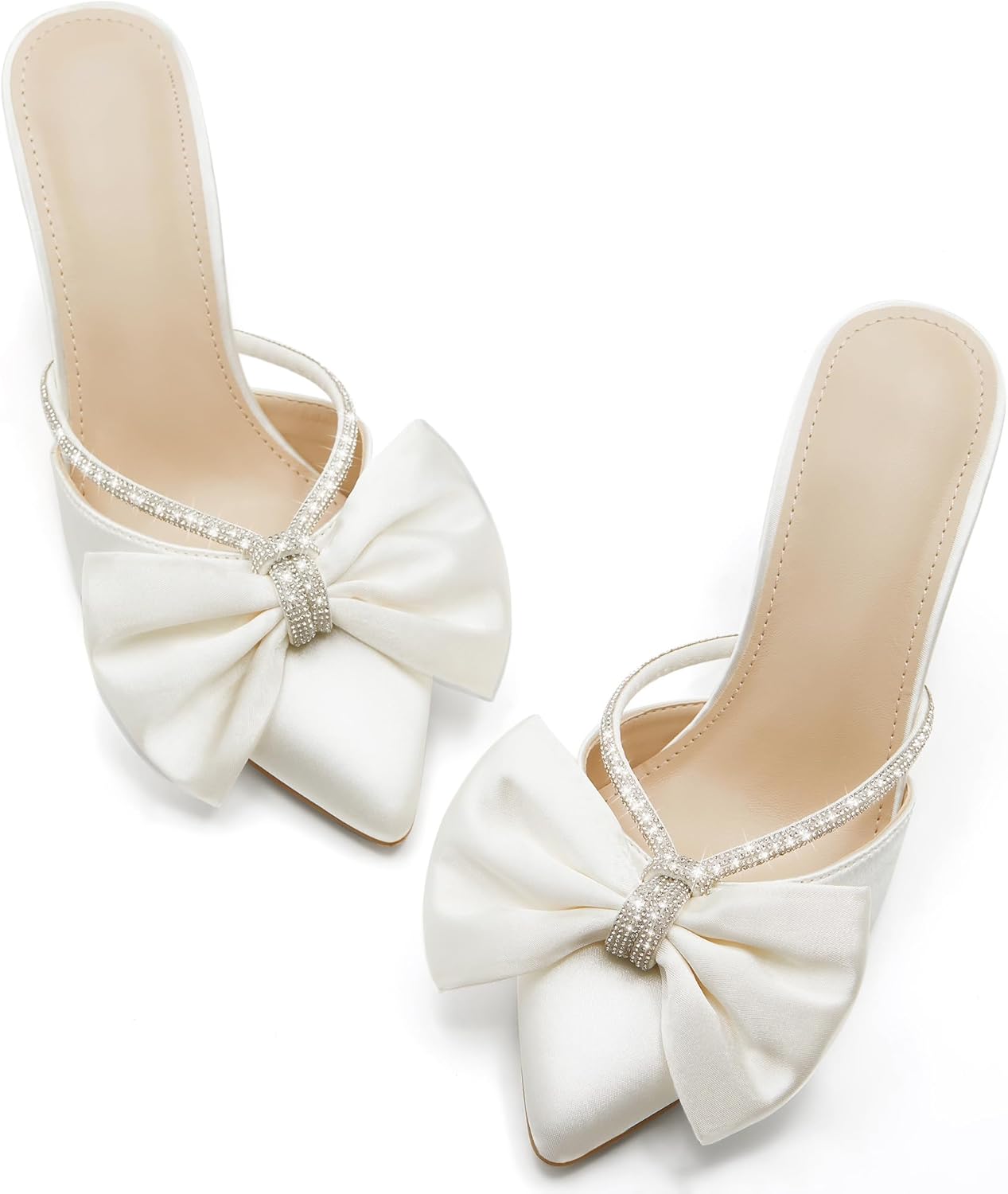 Womens Bow Heels Mules Pointed Closed Toe Sandals Rhinestone Satin Backless Wedding Shoes