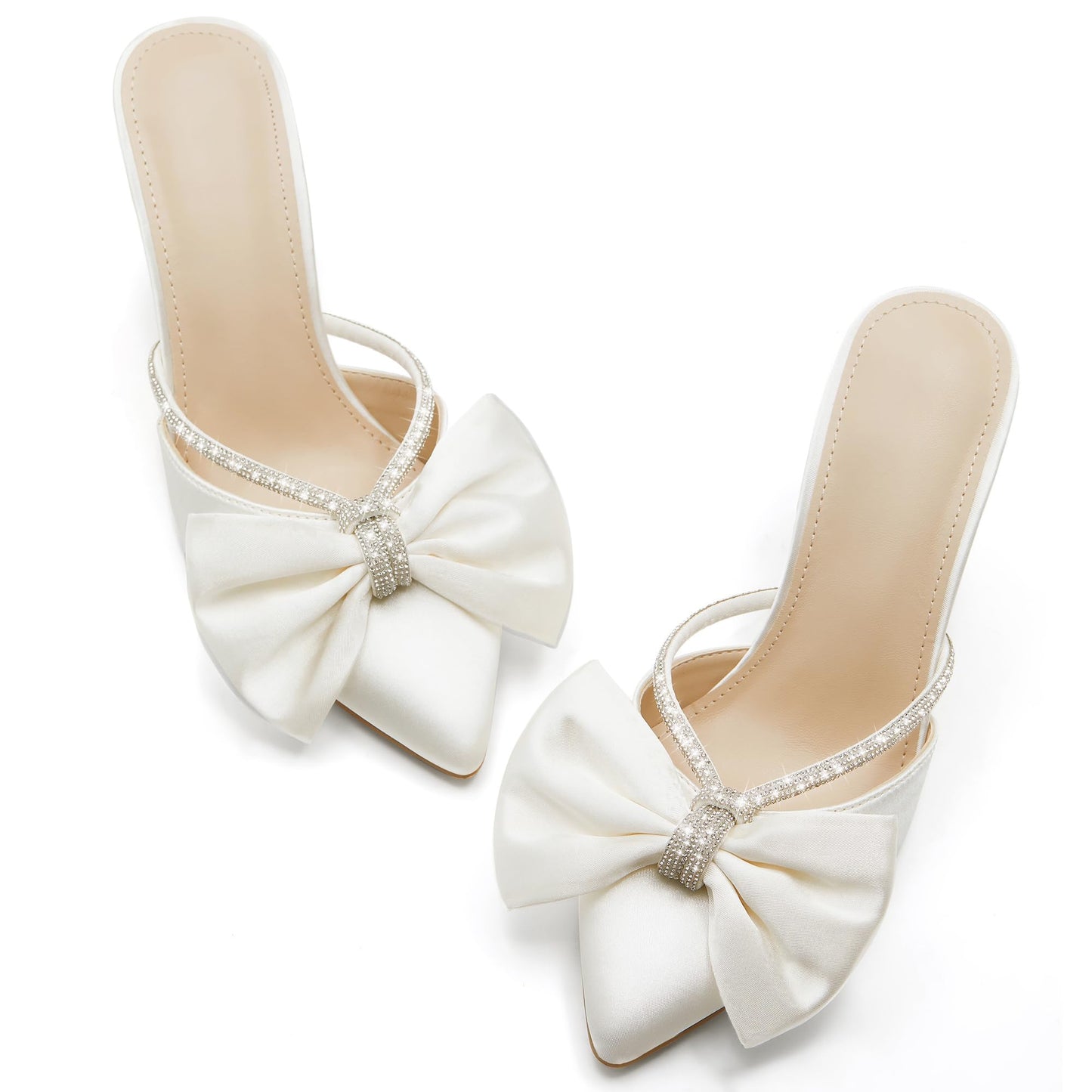 Womens Bow Heels Mules Pointed Closed Toe Sandals Rhinestone Satin Backless Wedding Shoes