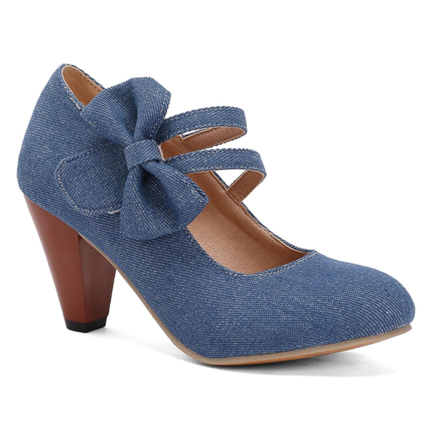 High-heeled short boot-style lace-up denim women's shoes, with a round toe design, thick heel, high comfort level, 3-inch shoe length, suitable for parties, events, offices or work settings. Decorated with a bow.