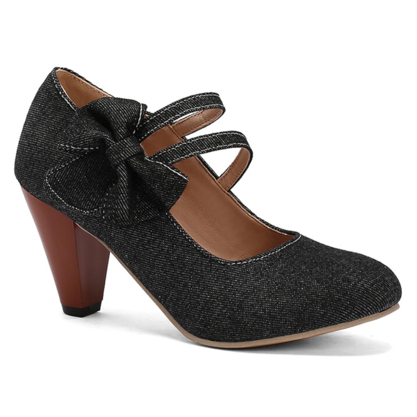 High-heeled short boot-style lace-up denim women's shoes, with a round toe design, thick heel, high comfort level, 3-inch shoe length, suitable for parties, events, offices or work settings. Decorated with a bow.