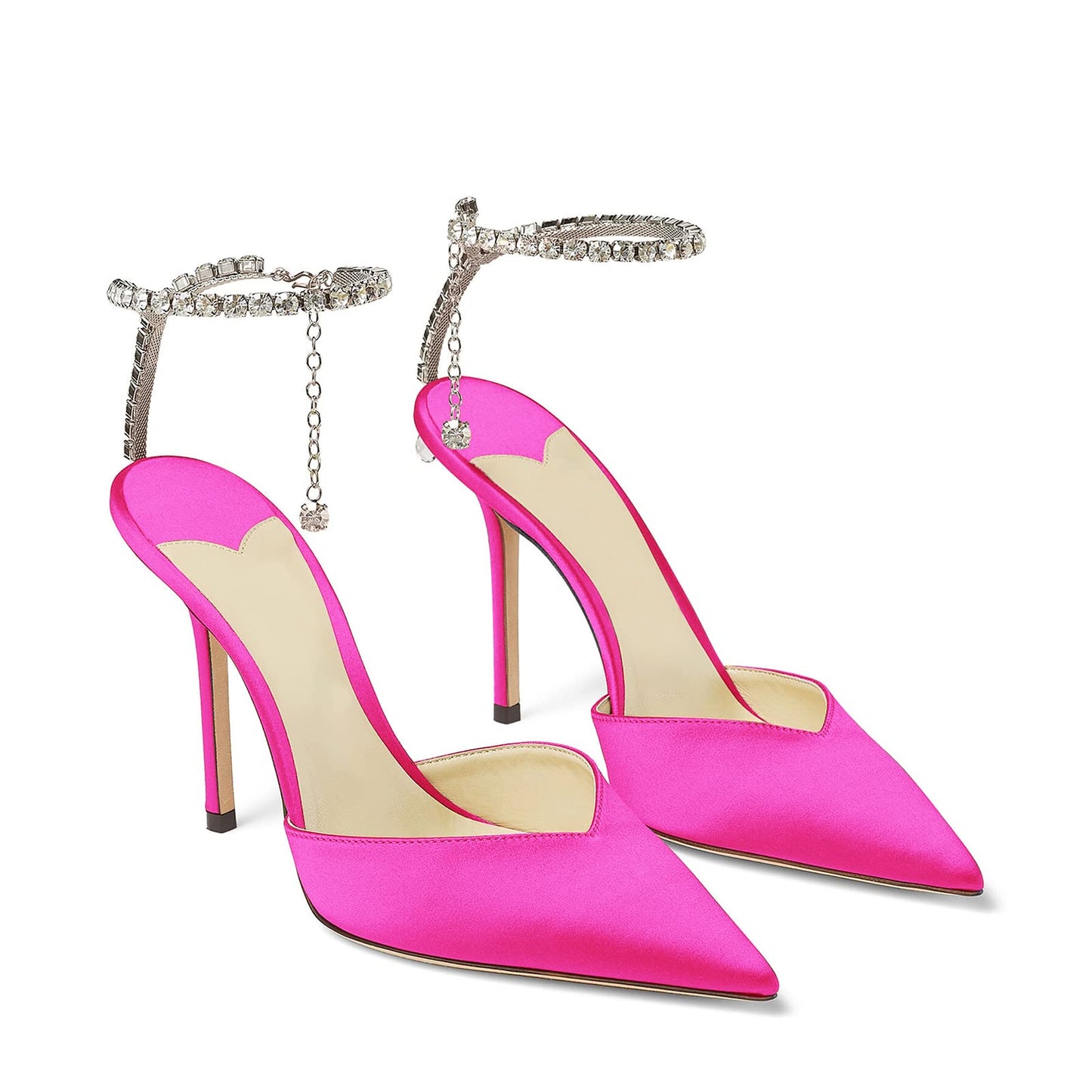 Women's Heeled Sandals Crystal Chain Ankle Straps Rhinestones Buckle High Heels Stiletto Slip On Wedding Party Satin Dress Shoes