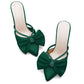 Womens Bow Heels Mules Pointed Closed Toe Sandals Rhinestone Satin Backless Wedding Shoes