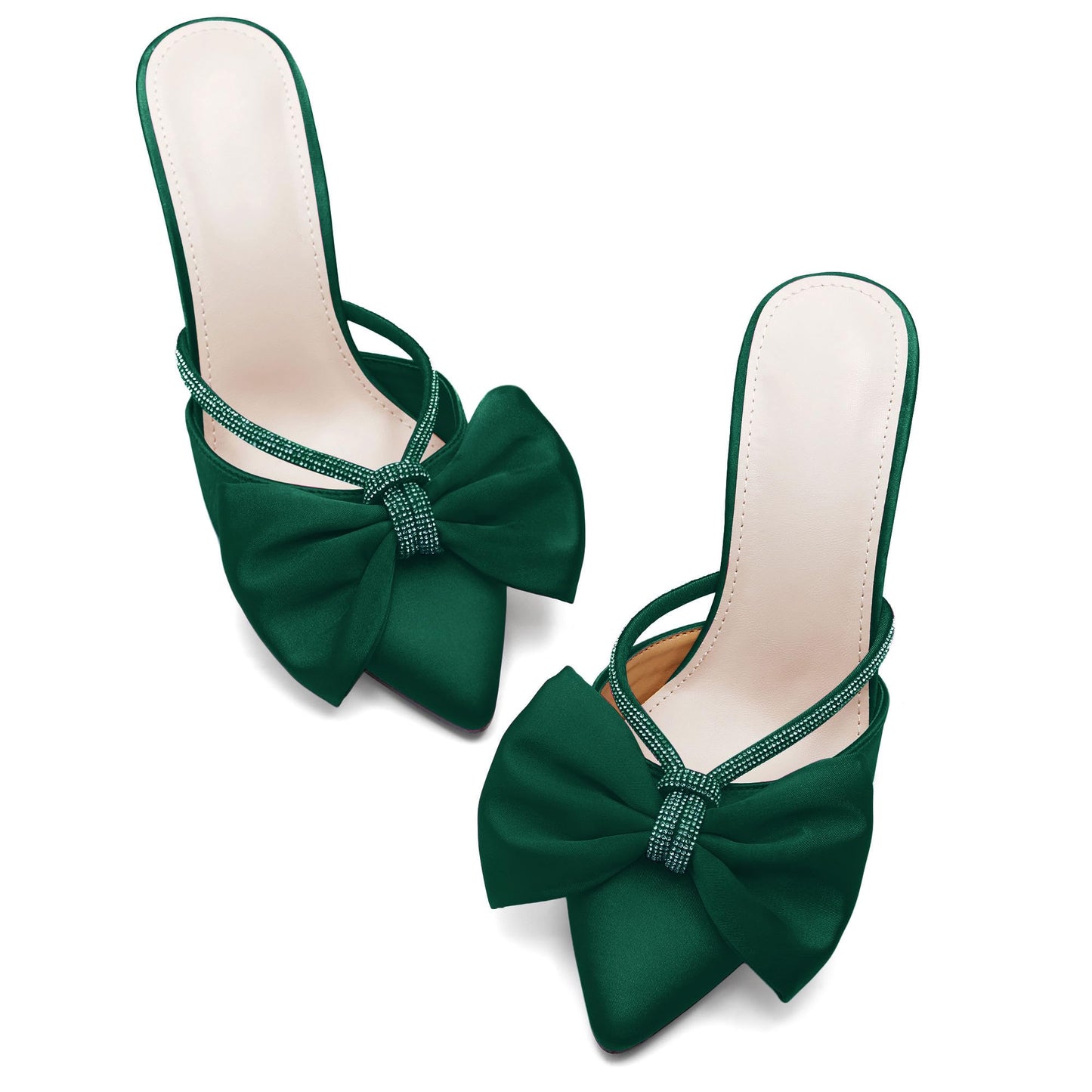 Womens Bow Heels Mules Pointed Closed Toe Sandals Rhinestone Satin Backless Wedding Shoes