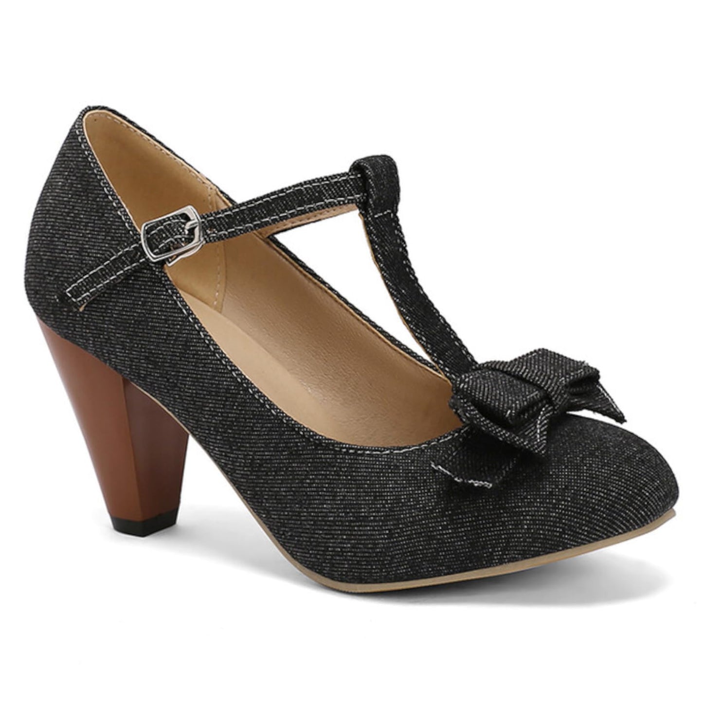 High-heeled short boot-style lace-up denim women's shoes, with a round toe design, thick heel, high comfort level, 3-inch shoe length, suitable for parties, events, offices or work settings. Decorated with a bow.