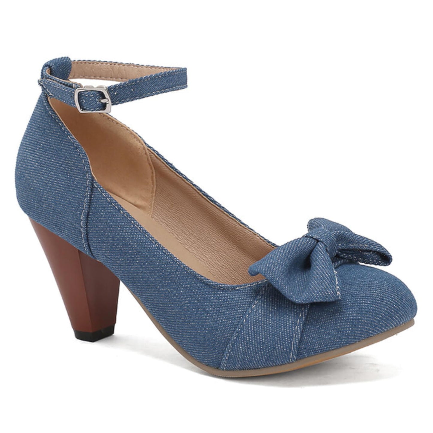High-heeled short boot-style lace-up denim women's shoes, with a round toe design, thick heel, high comfort level, 3-inch shoe length, suitable for parties, events, offices or work settings. Decorated with a bow.