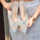 Womens High Heels Mules Bow Closed Pointed Toe Pumps Pleated Slip On Dress Shoes