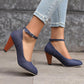 High-heeled short boot-style lace-up denim women's shoes, with a round toe design, thick heel, high comfort level, 3-inch shoe length, suitable for parties, events, offices or work settings. Decorated with a bow.