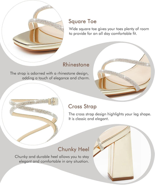 Womens Lace Up Chunky Heels Rhinestone Sandals Square Open Toe High Block Heeled Wedding Dress Shoes