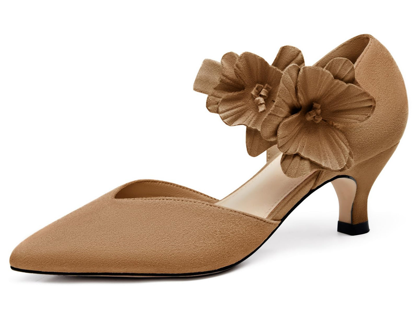 Women's low-heeled open-toe dress shoes, comfortable closed-toe flower-decorated flat-heeled ballroom pumps, suitable for formal occasions.