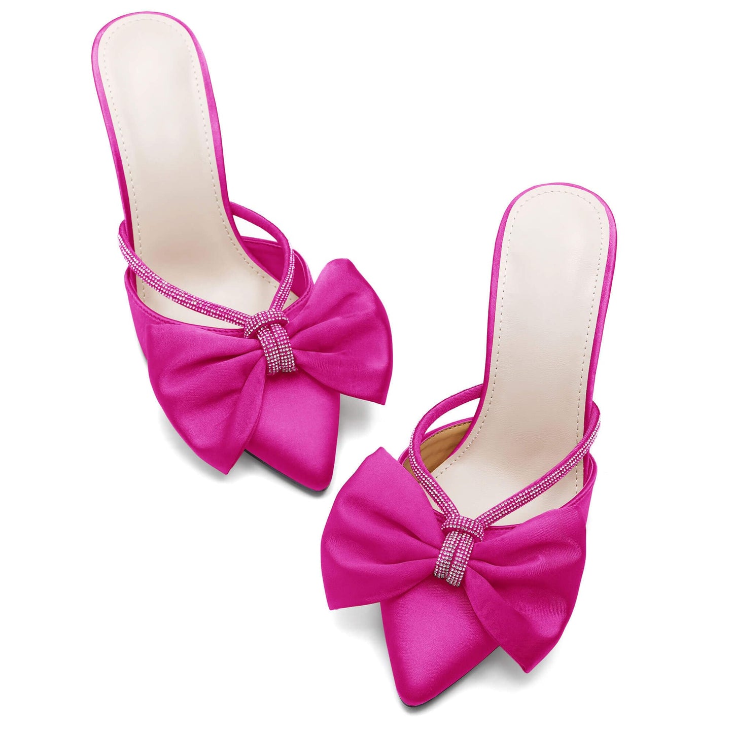 Womens Bow Heels Mules Pointed Closed Toe Sandals Rhinestone Satin Backless Wedding Shoes