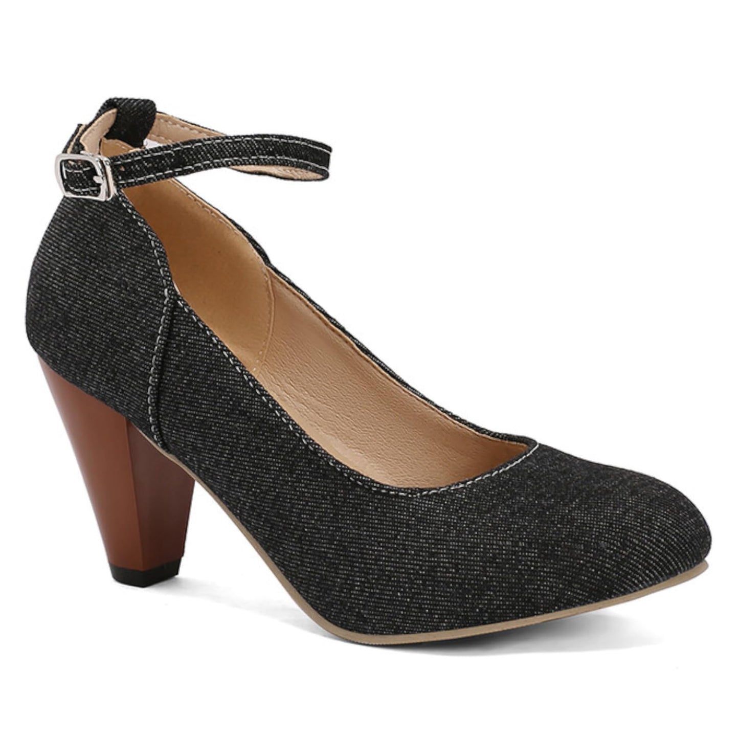 High-heeled short boot-style lace-up denim women's shoes, with a round toe design, thick heel, high comfort level, 3-inch shoe length, suitable for parties, events, offices or work settings. Decorated with a bow.