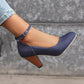 High-heeled short boot-style lace-up denim women's shoes, with a round toe design, thick heel, high comfort level, 3-inch shoe length, suitable for parties, events, offices or work settings. Decorated with a bow.