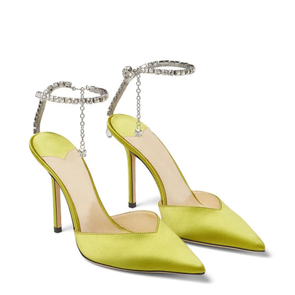 Women's Heeled Sandals Crystal Chain Ankle Straps Rhinestones Buckle High Heels Stiletto Slip On Wedding Party Satin Dress Shoes