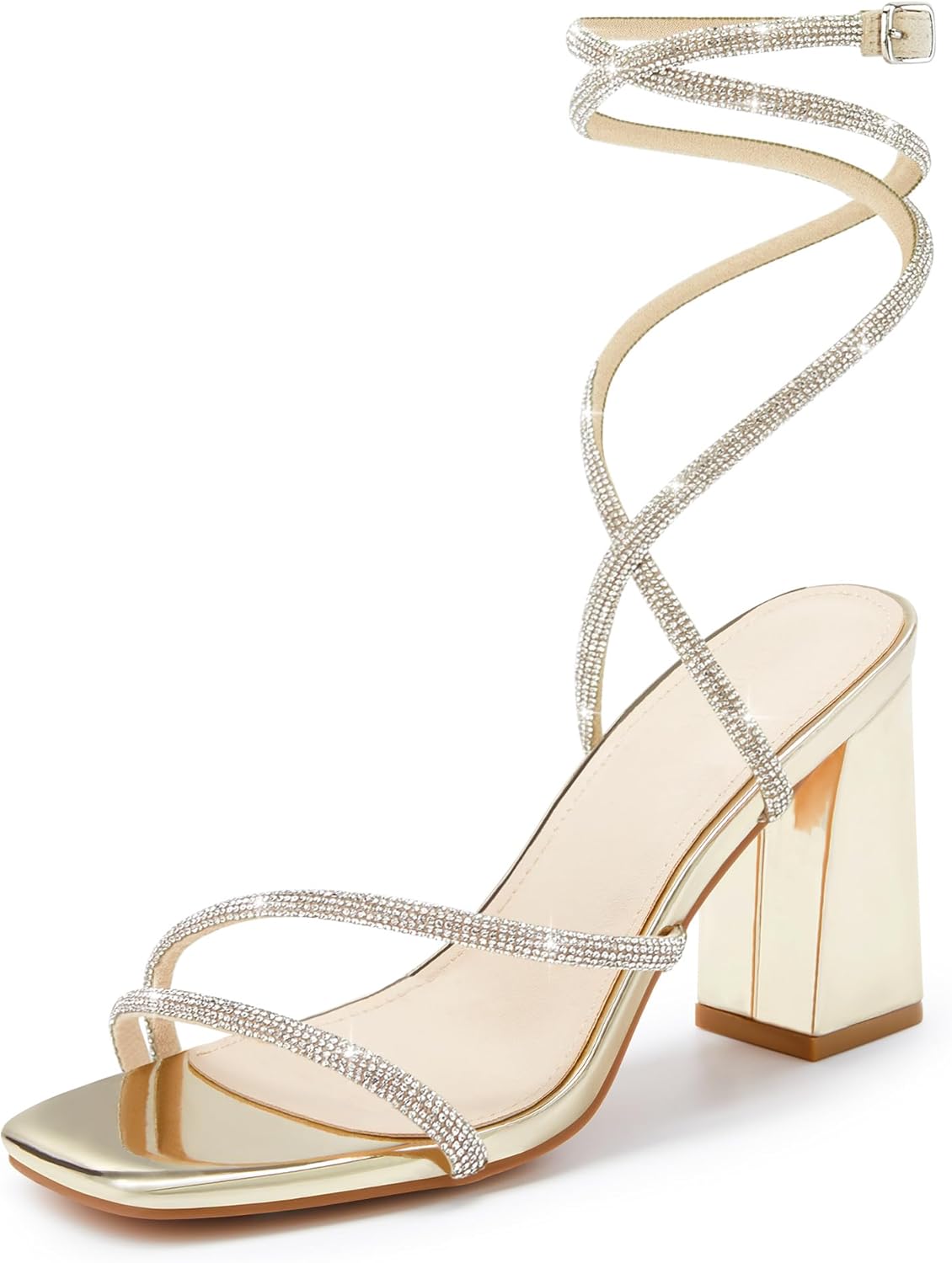 Womens Lace Up Chunky Heels Rhinestone Sandals Square Open Toe High Block Heeled Wedding Dress Shoes