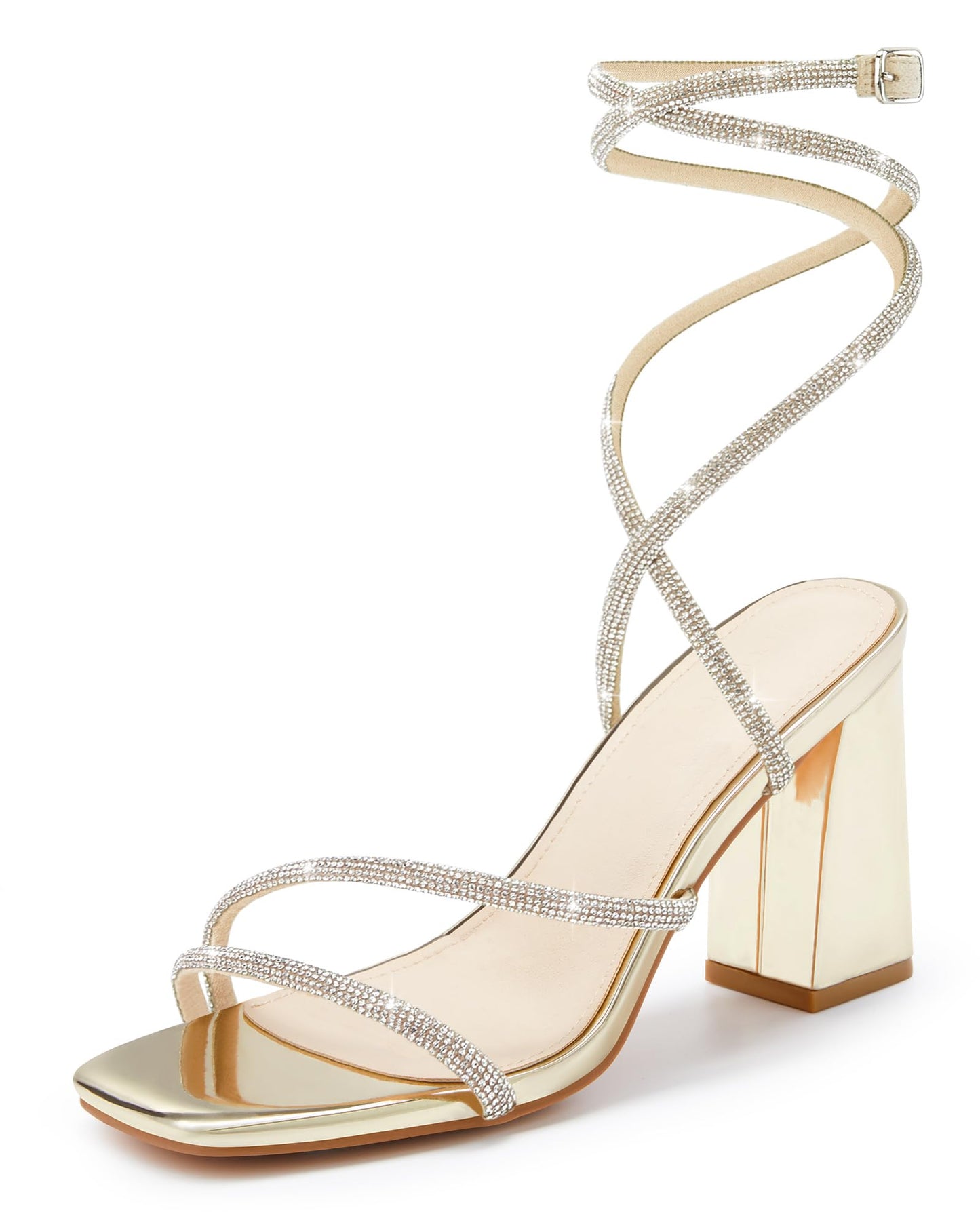 Womens Lace Up Chunky Heels Rhinestone Sandals Square Open Toe High Block Heeled Wedding Dress Shoes