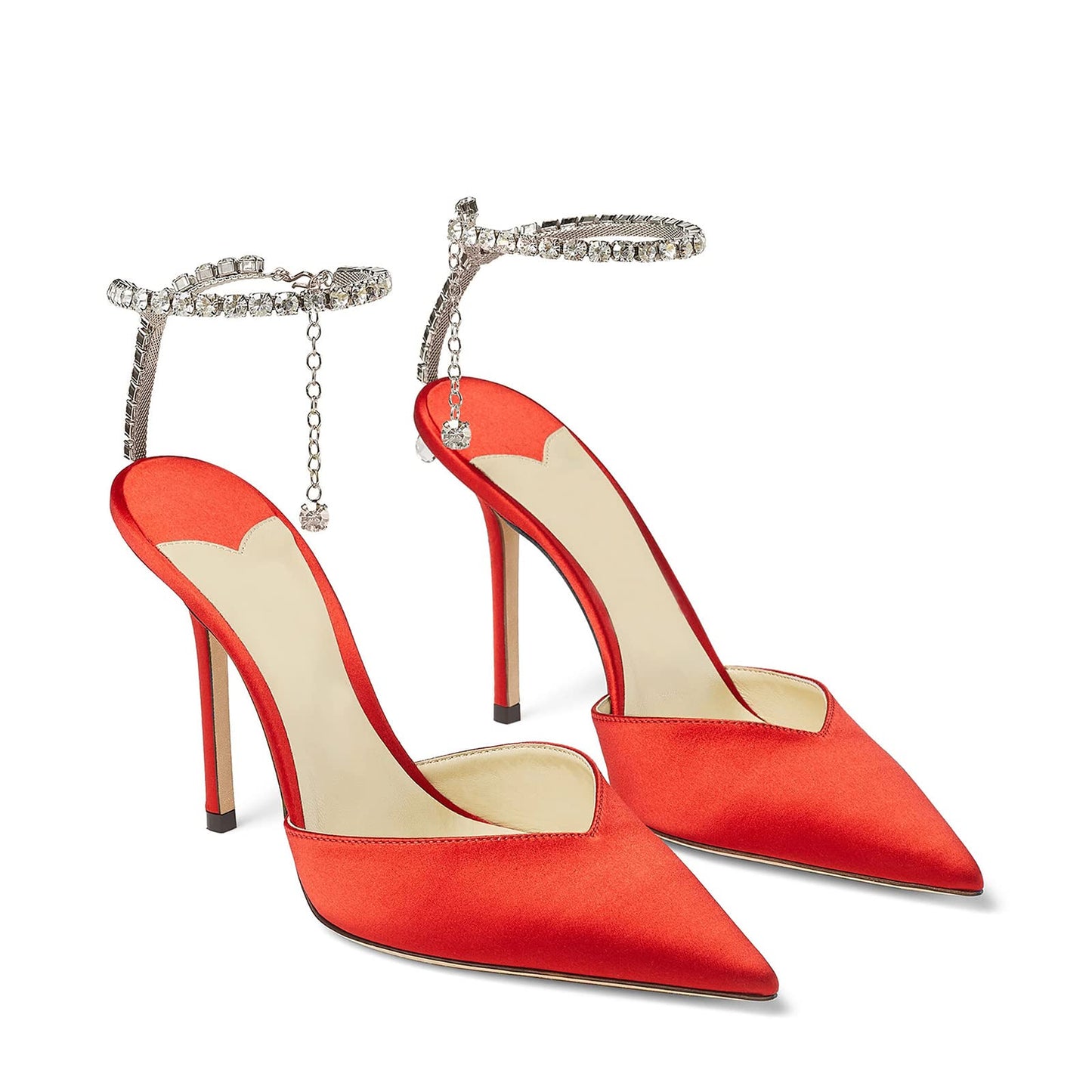 Women's Heeled Sandals Crystal Chain Ankle Straps Rhinestones Buckle High Heels Stiletto Slip On Wedding Party Satin Dress Shoes
