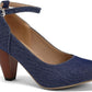 High-heeled short boot-style lace-up denim women's shoes, with a round toe design, thick heel, high comfort level, 3-inch shoe length, suitable for parties, events, offices or work settings. Decorated with a bow.
