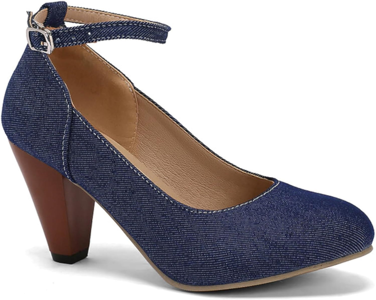 High-heeled short boot-style lace-up denim women's shoes, with a round toe design, thick heel, high comfort level, 3-inch shoe length, suitable for parties, events, offices or work settings. Decorated with a bow.