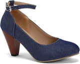 High-heeled short boot-style lace-up denim women's shoes, with a round toe design, thick heel, high comfort level, 3-inch shoe length, suitable for parties, events, offices or work settings. Decorated with a bow.
