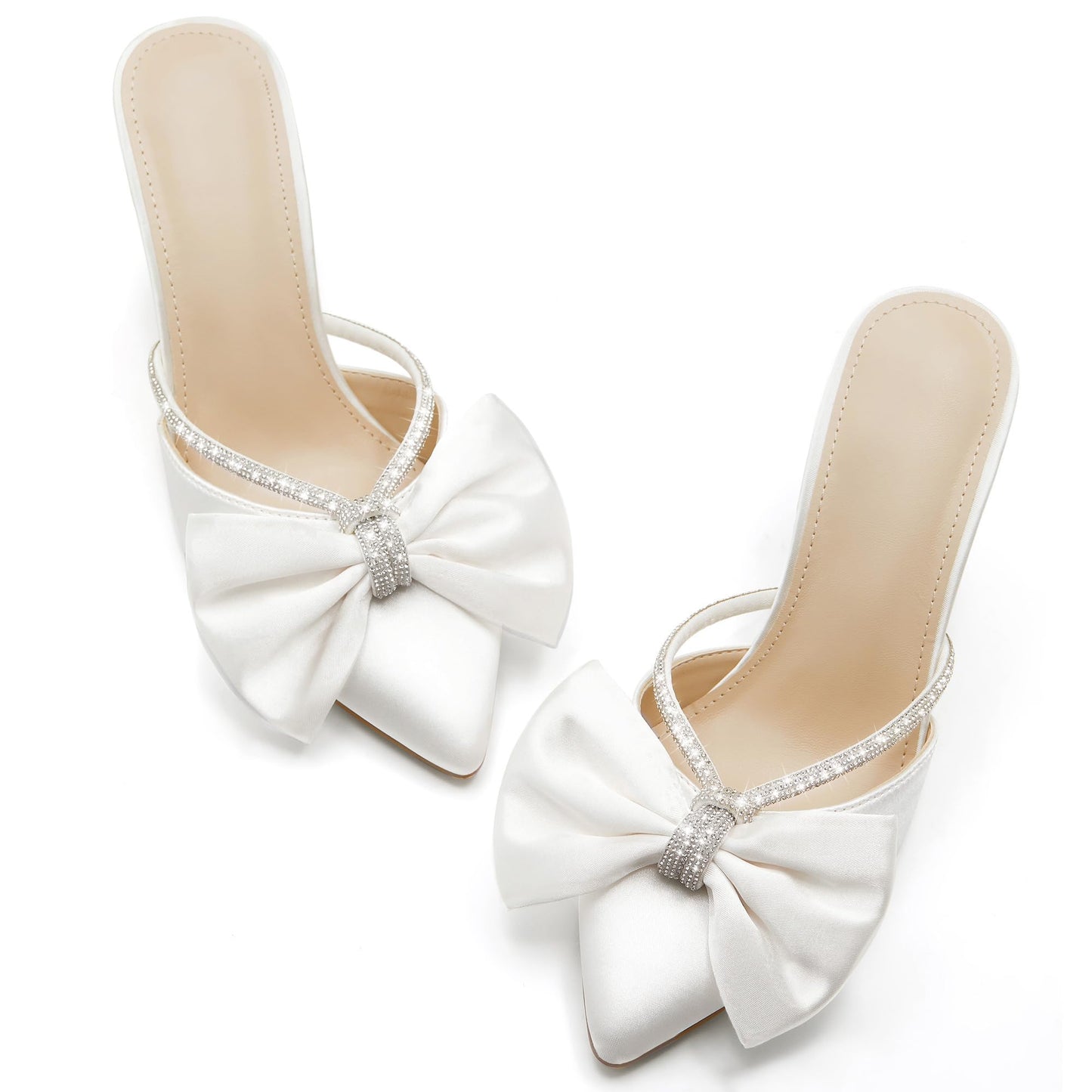 Womens Bow Heels Mules Pointed Closed Toe Sandals Rhinestone Satin Backless Wedding Shoes