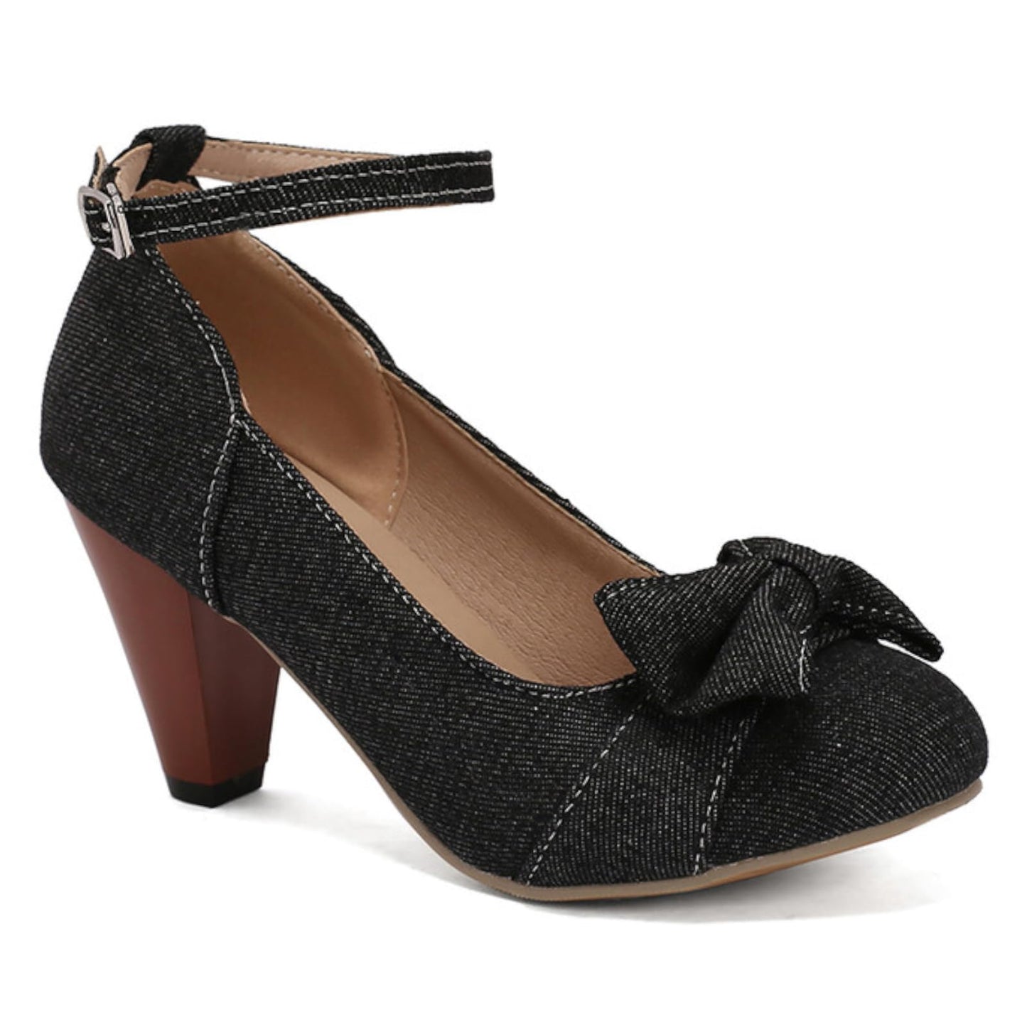 High-heeled short boot-style lace-up denim women's shoes, with a round toe design, thick heel, high comfort level, 3-inch shoe length, suitable for parties, events, offices or work settings. Decorated with a bow.