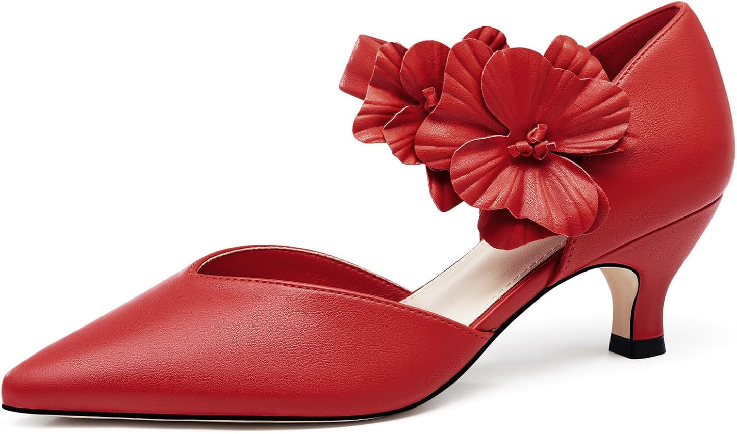 Women's low-heeled open-toe dress shoes, comfortable closed-toe flower-decorated flat-heeled ballroom pumps, suitable for formal occasions.