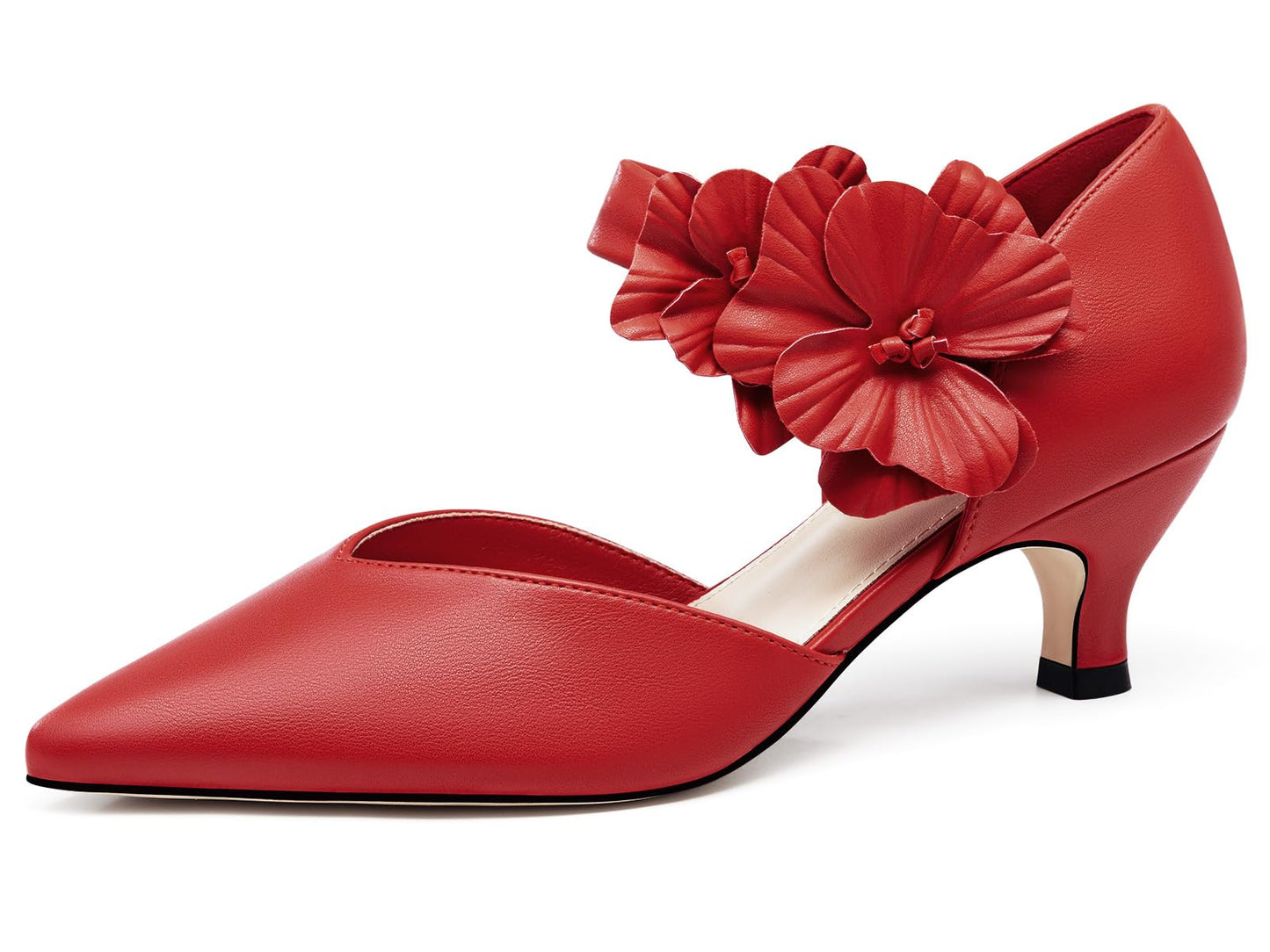 Women's low-heeled open-toe dress shoes, comfortable closed-toe flower-decorated flat-heeled ballroom pumps, suitable for formal occasions.