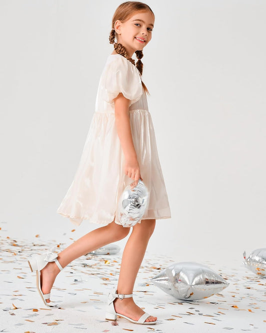Girl's Bow Tie Heeled Sandals Open Toe Chunky Low Heel Rhinestone Princess Dress Shoes