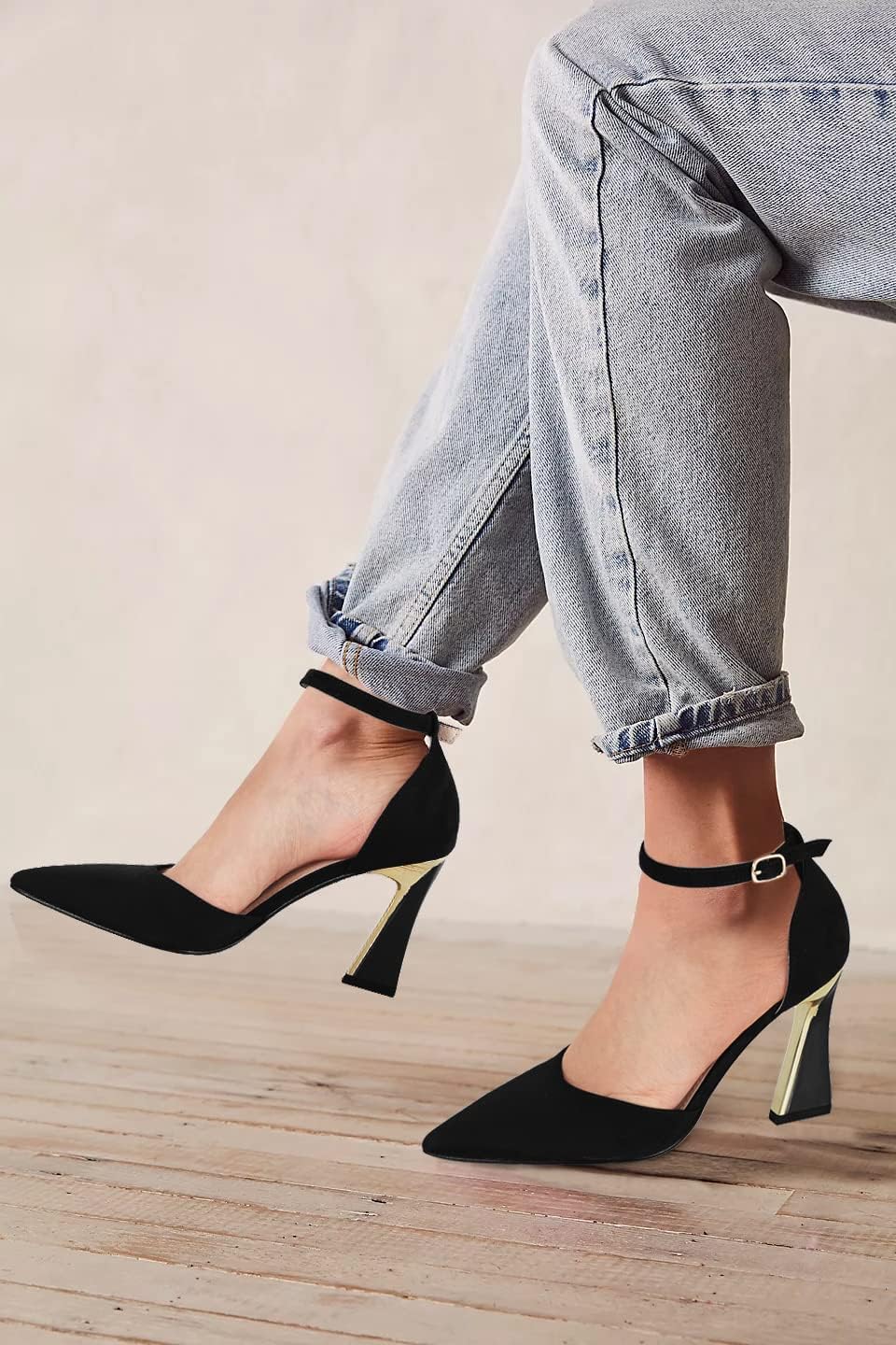 Women's Pumps, Pointed Closed Toe Heels, Buckle Ankle Strap D'Orsay Heeled Sandals
