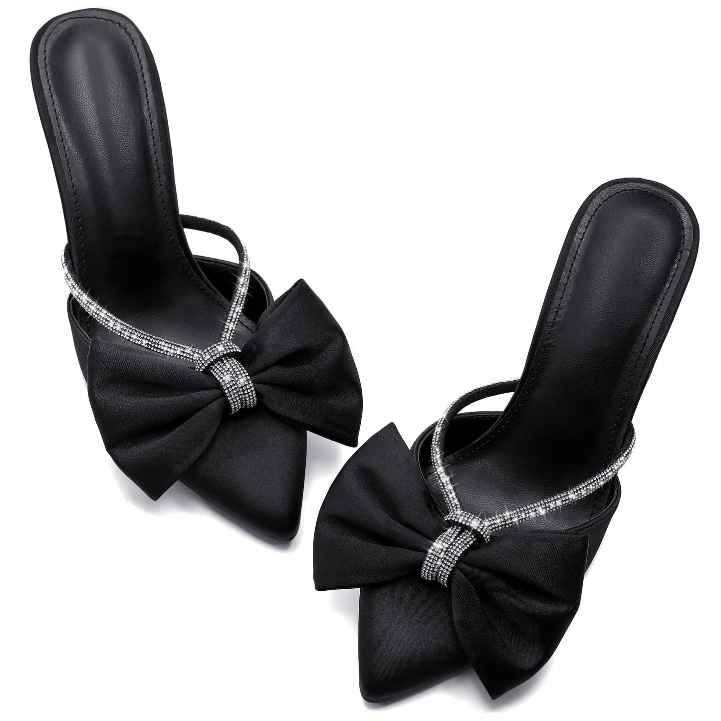 Womens Bow Heels Mules Pointed Closed Toe Sandals Rhinestone Satin Backless Wedding Shoes